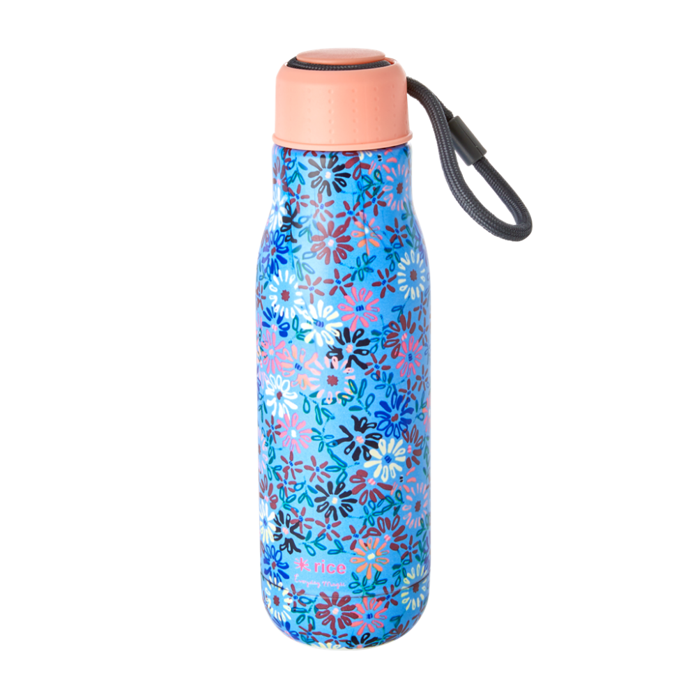 Blue With Flower Print Stainless Steel Water Bottle By Rice DK